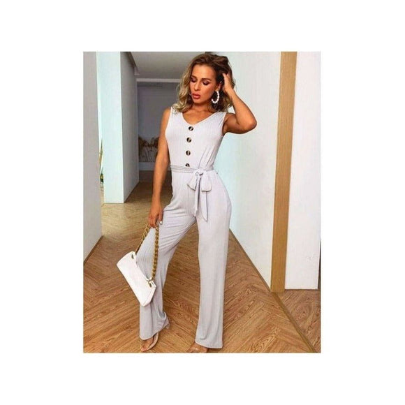 Belted Button Front Jumpsuit - Coco & Lilly
