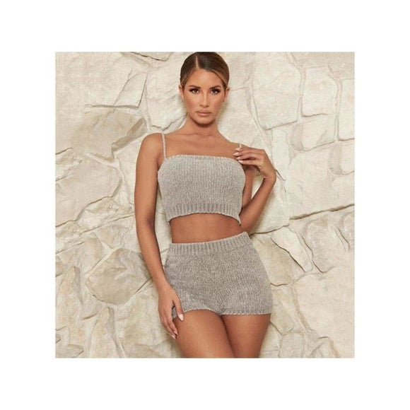 Gray Knitted Sweater Crop Top & Short Set
